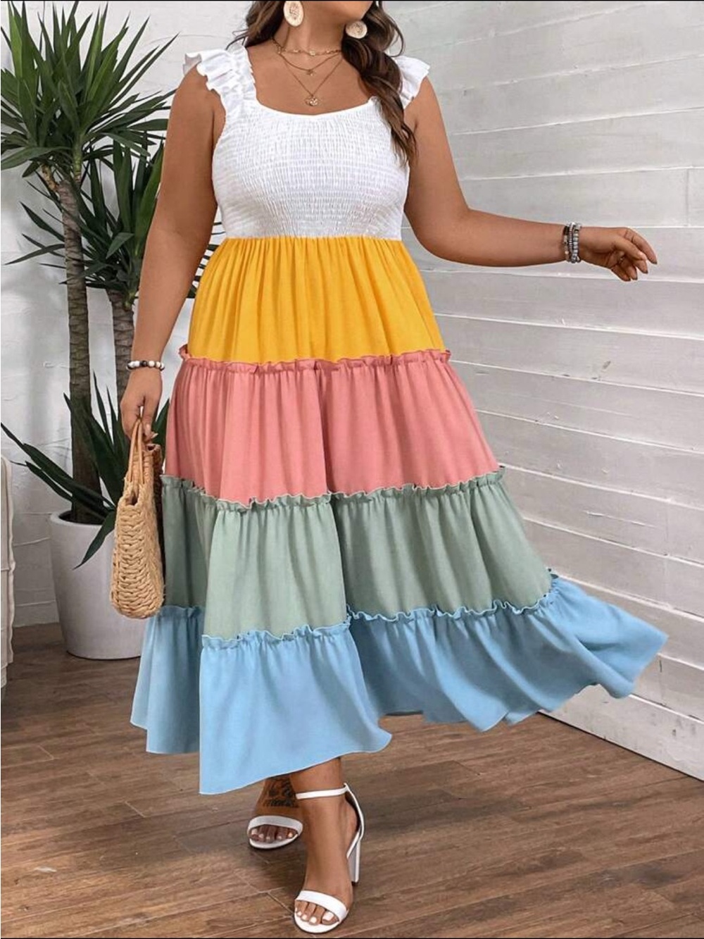 SHEIN White Yellow Pink Green Blue Tiered Maxi Dress